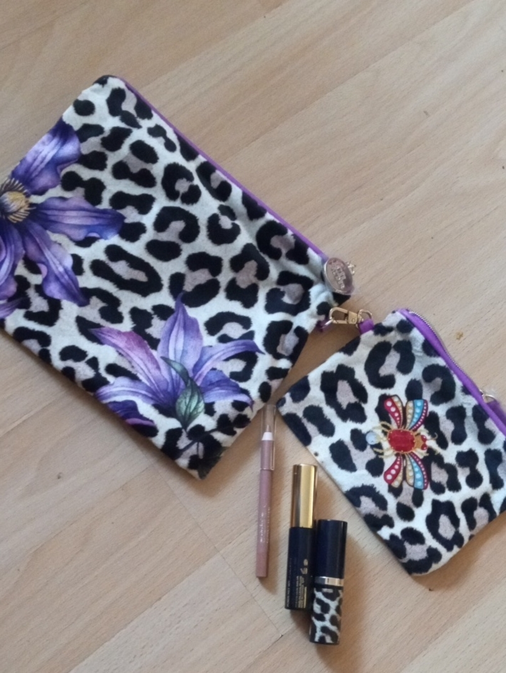 Estee Lauder Purple Floral Leopard Print Zip Pouch Set